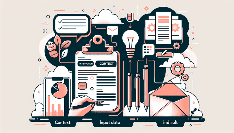 An illustrated image showing the key elements of a prompt: Instruction, Context, Input Data, and Output Indicator. Each element is represented visually, such as a clipboard for Instruction, a context bubble, a document for Input Data, and a result box for Output Indicator.