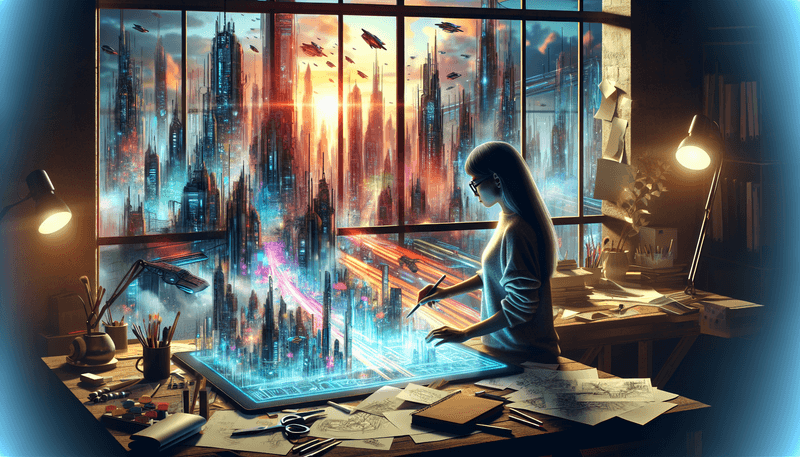 An illustrated scene with an artist working on a futuristic cityscape using a holographic tablet. The cityscape features towering skyscrapers, neon lights, and flying cars. The artist's workspace is cluttered with sketches and notes, and a large window displays the vibrant sunset outside.