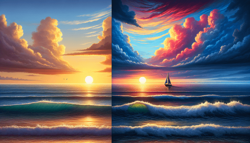 An illustrated comparison showing two image prompts side by side. On the left is a simple image of a sunset over the ocean. On the right is a more detailed and vibrant image of a sunset over the ocean, with dramatic clouds, gentle waves, and a silhouette of a sailboat, highlighting the effects of advanced prompts in Midjourney V6.