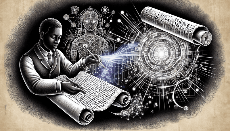 An illustration of a person crafting a magical scroll with symbols and lines around it, representing the creation of a prompt. In the background, a large, futuristic AI machine processes the scroll, emitting beams of light and data streams. This symbolizes the interaction between human input and AI output.