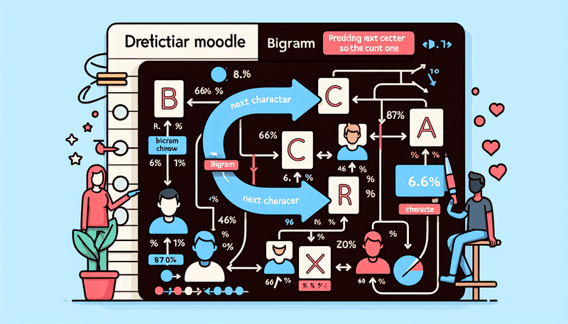 A simple illustration showing a bigram model predicting the next character based on the current character. Include an example with characters and probabilities.