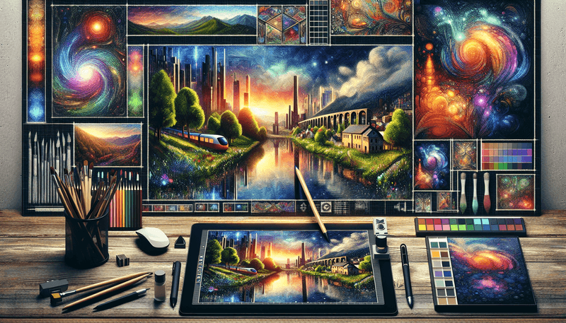 An illustrated wide image showing a variety of creative and artistic images being generated from a computer screen. The screen displays different styles, like a serene landscape, futuristic cityscape, and abstract art, with tools and commands visible beside it.