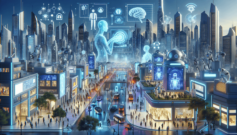 An illustrated scene of a futuristic city where AI and humans are working together harmoniously. The cityscape includes advanced technology, robots and humans interacting, and digital screens displaying various AI applications. The overall atmosphere is vibrant and forward-looking.