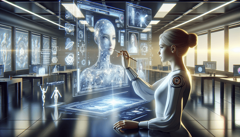 An illustrated image depicting a futuristic AI creating detailed, lifelike images on a digital canvas. The background shows various tools and icons representing features like prompt coherence, in-image text, and upscaling.