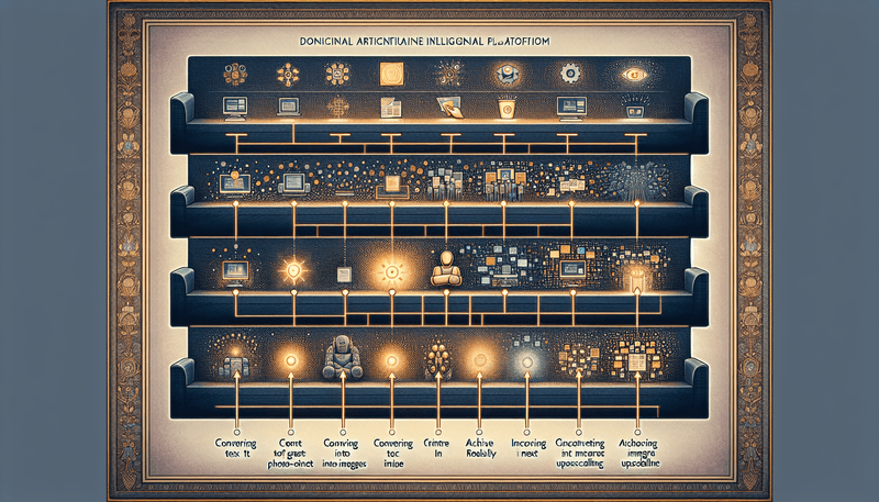 An illustrated wide image depicting the evolution of Midjourney AI over its versions. The image shows a timeline from Version 1 to Version 6, with each version represented by a visual icon or small image that illustrates its key features such as text-to-image generation, photorealism, in-image text, and upscaling. The background subtly transitions from simple to more detailed and realistic as the timeline progresses, highlighting the advancements in capabilities.