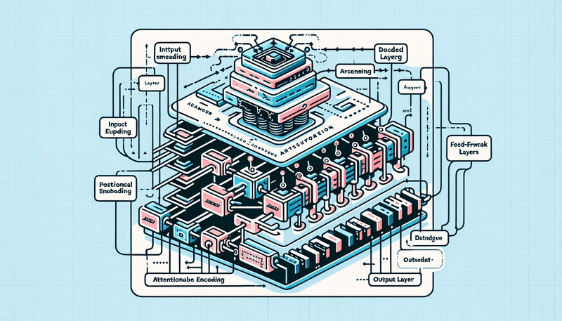 An illustrated diagram of a Transformer model architecture. It shows the flow from input embeddings through positional encoding, multiple Transformer blocks (each containing attention and feed-forward layers), and finally to the output layer.