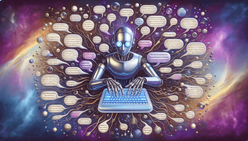 An illustrated image of a friendly robot typing on a computer, surrounded by floating text bubbles representing various tasks like poetry, news articles, technical explanations, and humorous comments. The background features abstract elements reminiscent of neural networks and nodes.