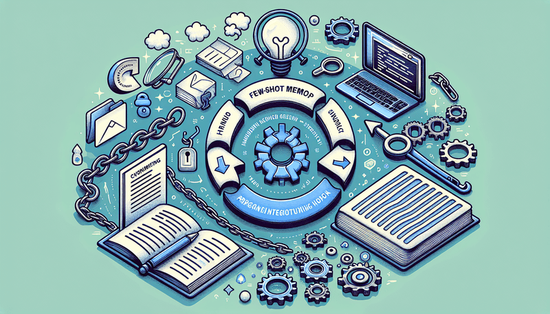 An illustrated image depicting various techniques of advanced prompt engineering. The techniques are represented by icons such as a few-shot memo, a chain link for chain of thought, a feedback loop for self-consistency, a knowledge book for knowledge generation, a code script for program-aided models, and a combination of gears and magnifying glass for the React framework.