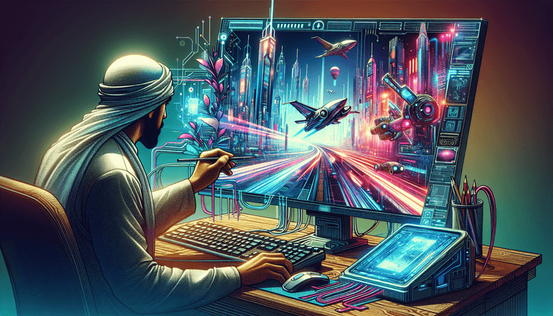 An illustrated view of a user interacting with Midjourney V6 on a computer, featuring a futuristic cityscape with neon lights and flying cars on the screen. The user is blending images, uploading photos, and adjusting settings. The scene is vibrant and creative.