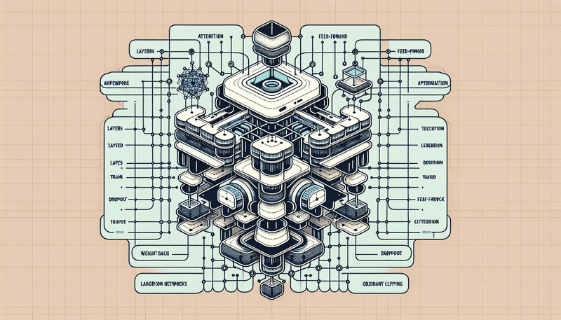 An illustration showing a Transformer model being scaled up. The image includes components such as layers, attention heads, feed-forward networks, and larger training datasets. Additionally, techniques like dropout, weight decay, and gradient clipping are depicted.