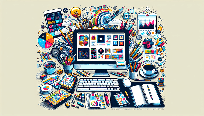 An illustration of a creative workspace with a computer screen displaying vibrant and diverse digital visuals. Around it, various business-related items like a coffee cup, notepad, and smartphone are arranged. The background includes elements like a calendar and charts, emphasizing productivity and planning.