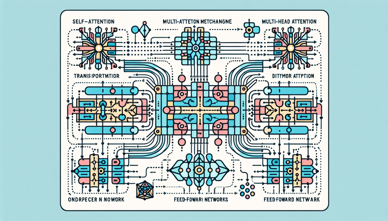 An illustrated diagram of the Transformer architecture, showing components like self-attention, multi-head attention, and feed-forward networks interconnected. The diagram should be clear and easy to follow, highlighting the flow of data through each part of the model.