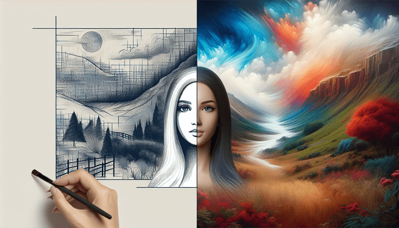 An illustrated split-screen depiction showing the transformation of an image using Midjourney V6. The left side shows a basic, less detailed image, while the right side shows a highly realistic, detailed version. Include elements like a realistic portrait, a detailed landscape, and text smoothly integrated into the image.