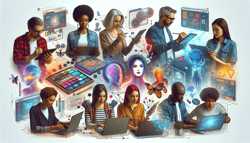 An illustrated image showcasing various creative professionals like artists, designers, and freelancers collaboratively working with AI-generated images on their devices. The background should feature some futuristic elements to represent advanced technology and AI capabilities.