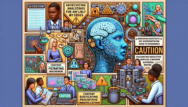 An illustrated collage showcasing various aspects of AI safety and ethics. The collage includes scenes of a person auditing AI outputs for bias, a model generating hallucinations with a warning sign, a content filter blocking offensive content, and a researcher explaining model decisions. Additionally, it shows a shield protecting against prompt injection attacks, and a human annotator providing feedback to a model.