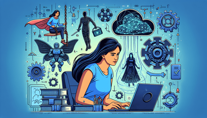 An illustrated scene of a person working on a computer surrounded by icons representing various prompt engineering tools, such as OpenAI Playground, LangChain, PromptHero, EleutherAI's GPT-NeoX, and AI Dungeon. The background includes interconnected gears and data streams, symbolizing the integration of these tools with external systems and APIs.